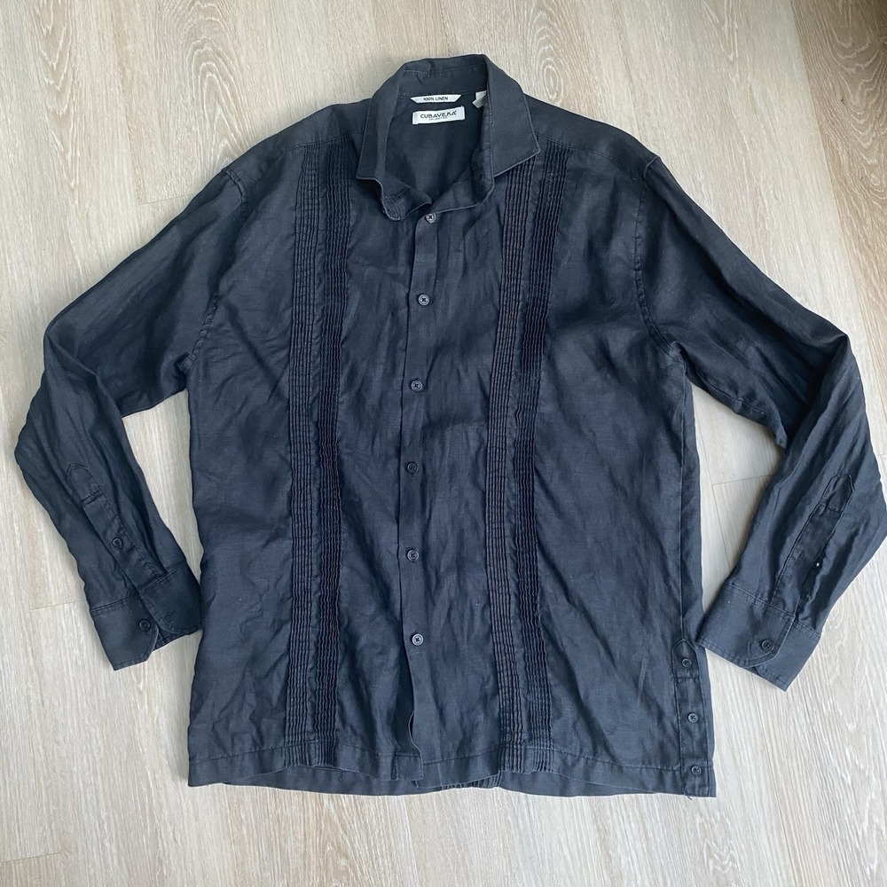 Cubavera Men's 100% Linen Shirt Size M Long Sleeve Black Button Down Resort Wear